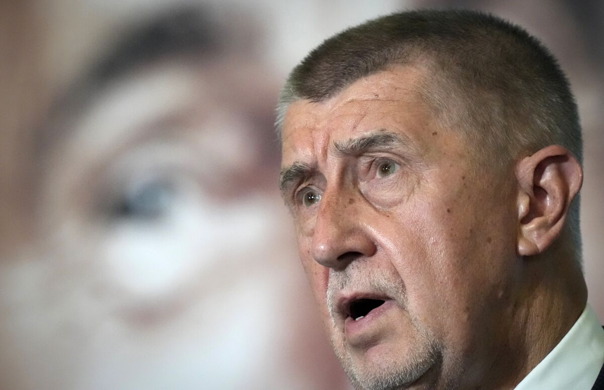 FILE - Czech Republic's Prime Minister and leader of centrist ANO (YES) movement Andrej Babis addresses the media after most of the votes were counted in the parliamentary elections, Prague, Czech Republic, Saturday, Oct. 9, 2021. A Slovak court has dismissed a lawsuit by former Czech Prime Minister Andrej Babis against claims that he collaborated with Czechoslovakia's communist-era secret police, officials said on Tuesday June 14, 2022. (AP Photo/Petr David Josek, File)
