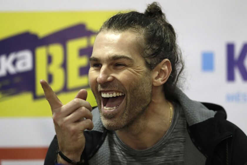 FILE - Jaromir Jagr smiles during a press conference at the Kladno Knights hockey club in Kladno, Czech Republic, on Feb. 1, 2018. The winger who’ll turn 51 on Feb. 15 scored again in the top Czech league for his Czech hometown club Kladno Knights on Sunday Feb. 5, 2023 in an away 5-4 loss to Trinec. The strike took his overall tally to 1,099, one more than Wayne Gretzky, to top of a scoring table of goals from top leagues and international tournaments although some of the competitions are hard to compare. (AP Photo/Petr David Josek, File)