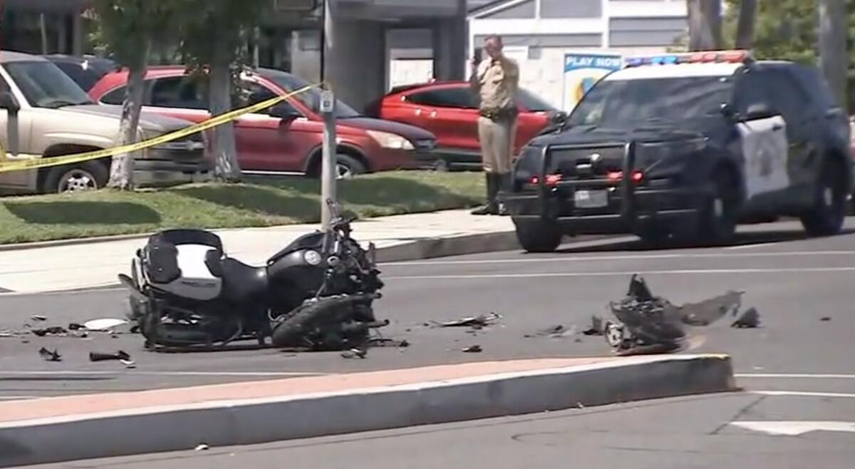 An on-duty motorcycle officer was hospitalized Thursday morning after a traffic collision in La Habra.