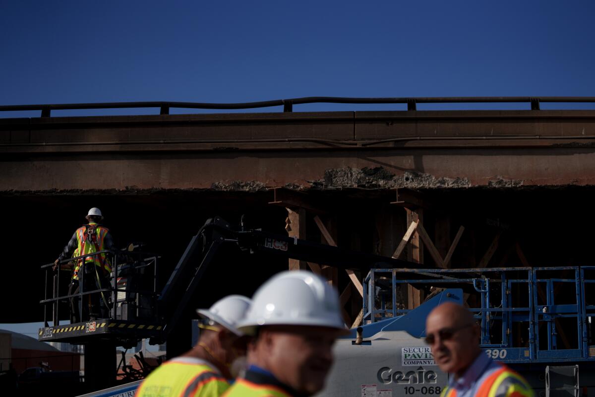 The site of a fire under the 10 Freeway in downtown Los Angeles