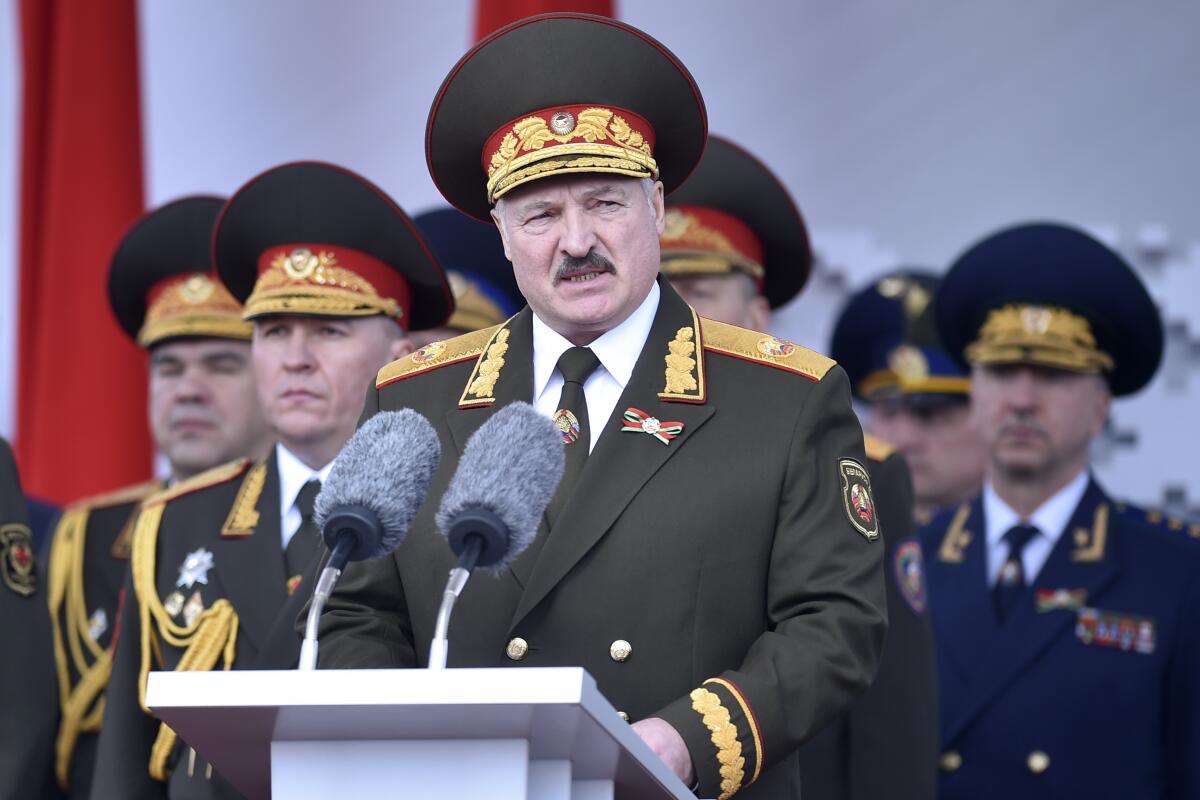 Belarusian President Alexander Lukashenko gives a speech in Minsk on May 9.