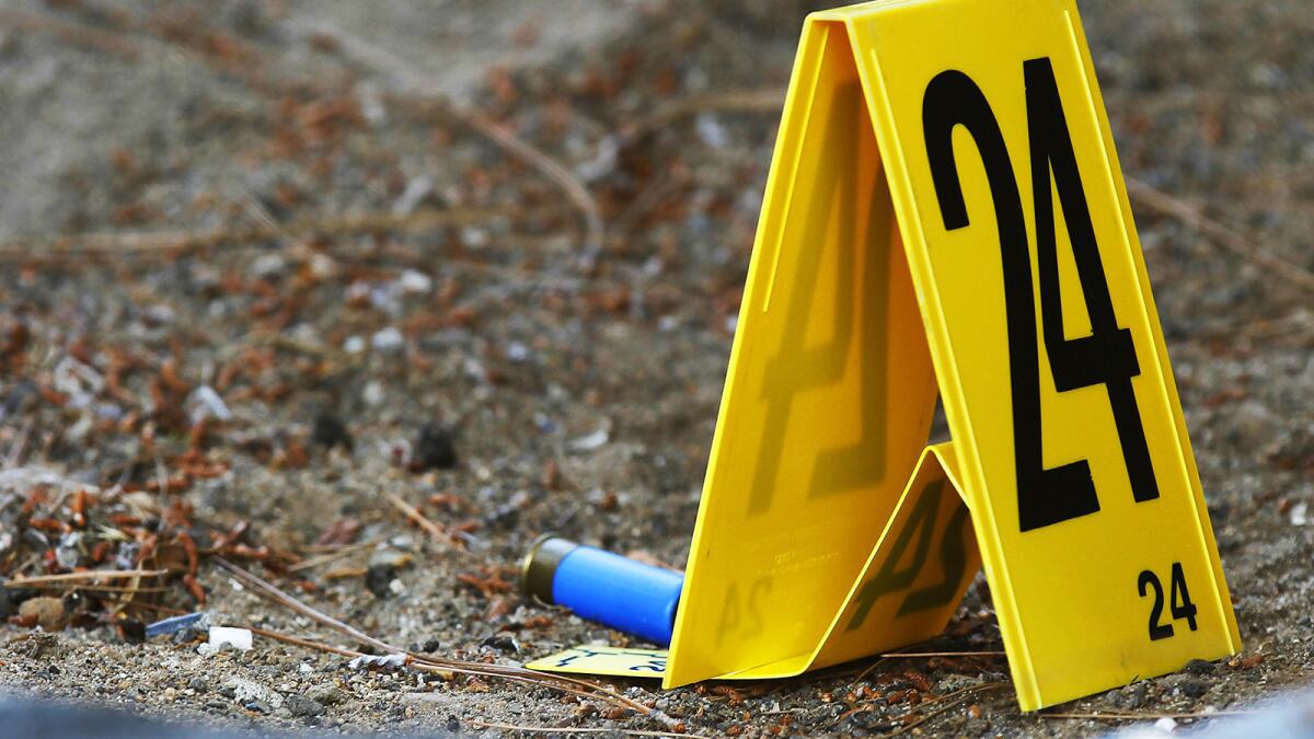 Evidence marker shows a shotgun shell casing at the scene of a police involved shooting in the College Area on June 24, 2018