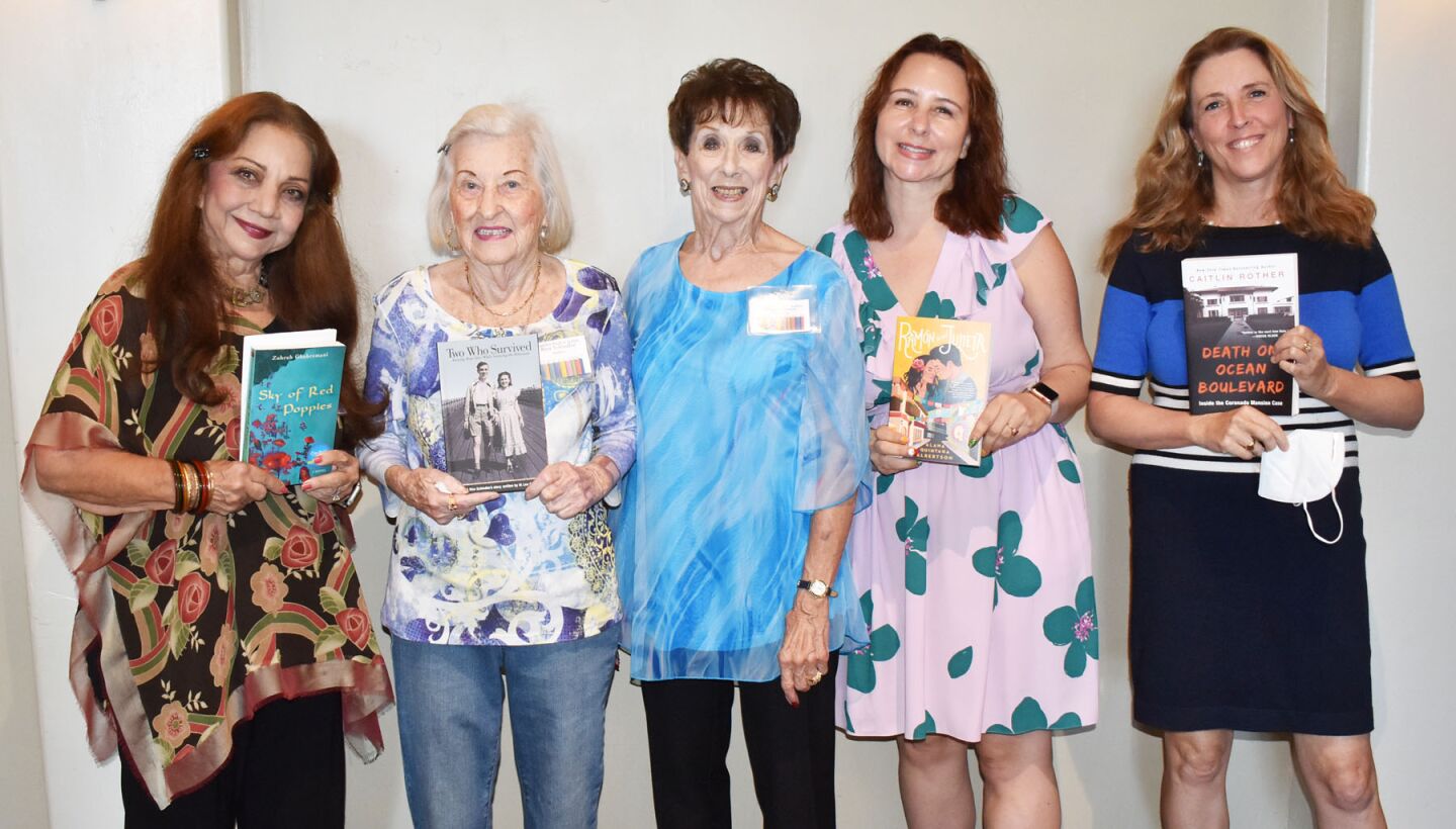 Brandeis Book and Author Luncheon moderator Zoe Ghahremani, panelist Rose Schindler, Brandeis National Committee Rancho Bernardo President Linda Simon and panelists Alana Quintana Albertson and Caitlin Rother. They are holding the books they wrote and planned to discuss.