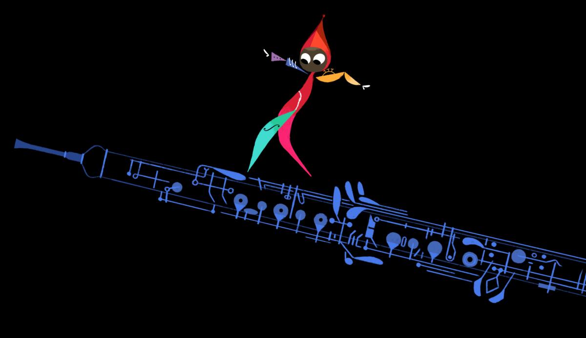 An animated sprite explores an oboe in the multimedia concert and film "Philharmonia Fantastique."
