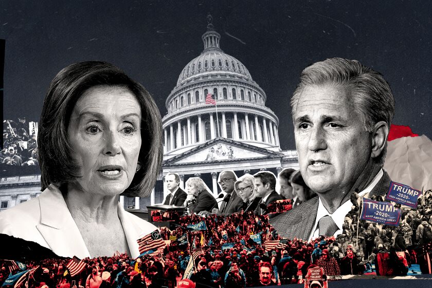Photo illustration featuring Nancy Pelosi and Kevin McCarthy with photos from Jan. 6th.