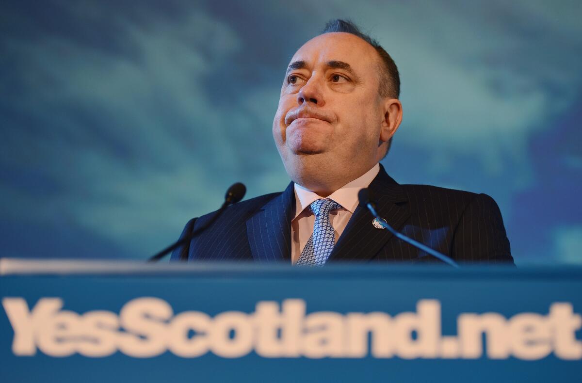 Scottish independence leader Alex Salmond, shown in May 2012, announced his resignation as Scotland's first minister after losing a historic referendum.