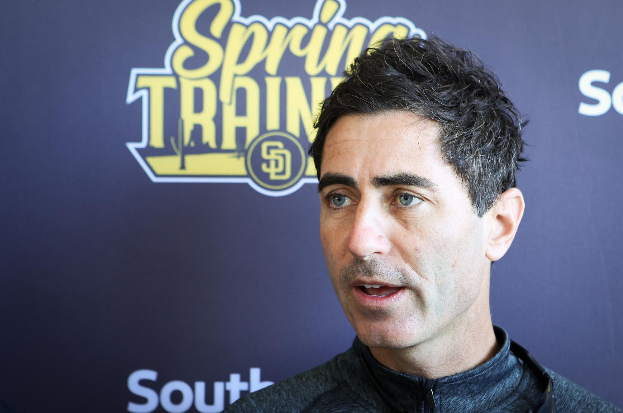 Padres President of Baseball Operations A.J. Preller speaks to the media during spring training workouts on Feb. 13.
