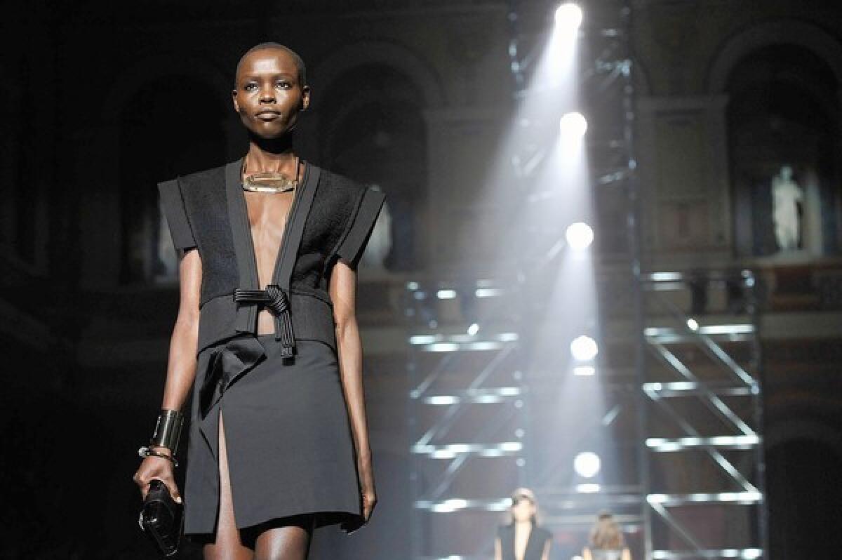 A model walks the runway during the Lanvin spring/summer 2013 show as part of Paris Fashion Week.