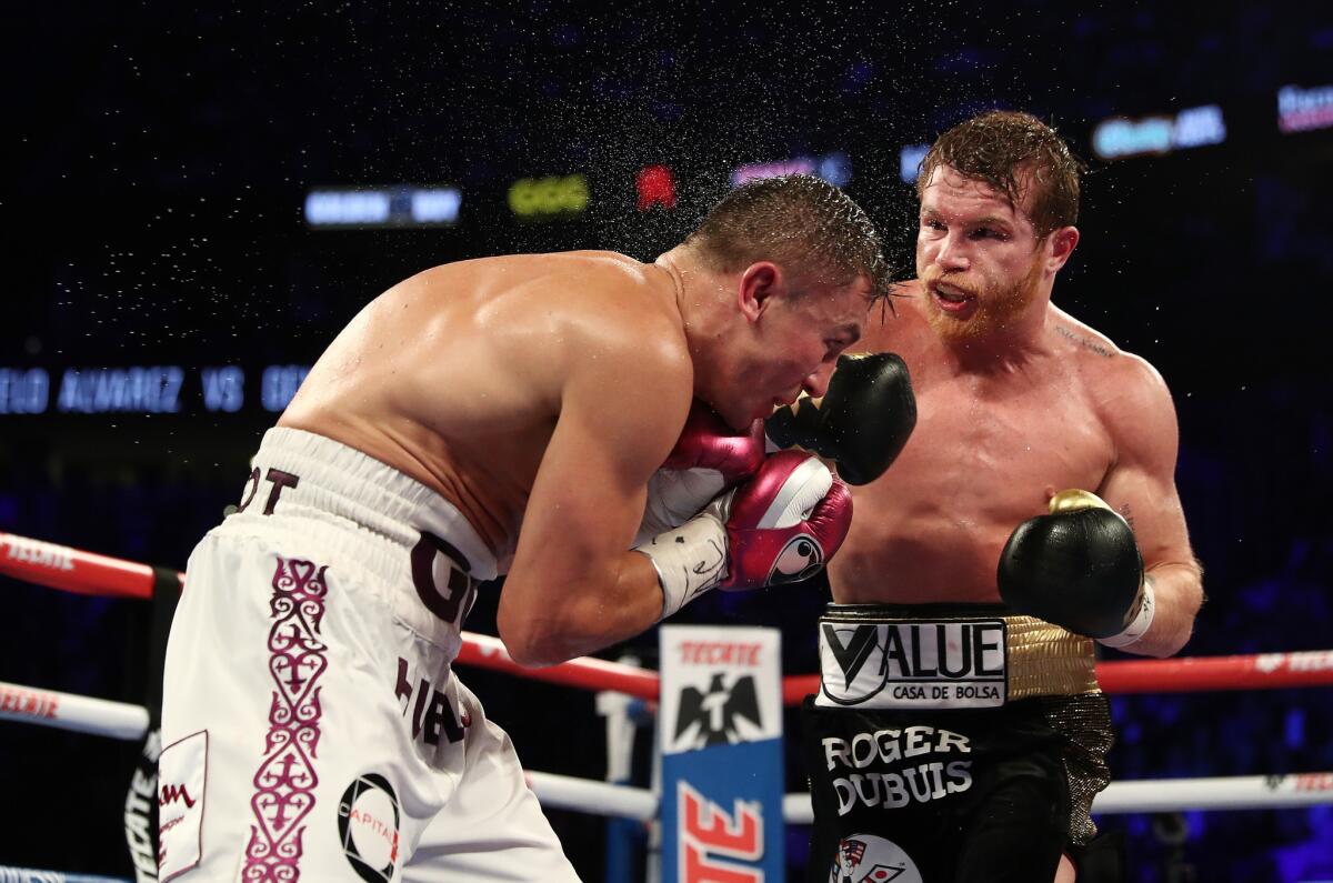 Canelo Alvarez punches Gennady Golovkin during their WBC/WBA middleweight title fight at T-Mobile Arena on September 15, 2018 in Las Vegas, Nevada.
