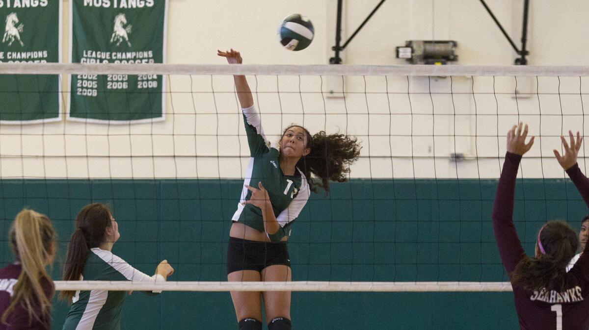 Costa Mesa High’s Malia Tufuga, who had 12 kills and four aces, spikes the ball in the first set against Ocean View.