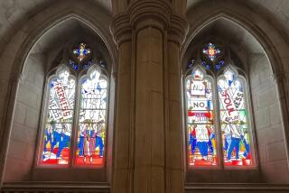 Four lancet windows framed by Gothic arches show Black people with protest signs that read "FAIRNESS" and "NO FOUL PLAY"