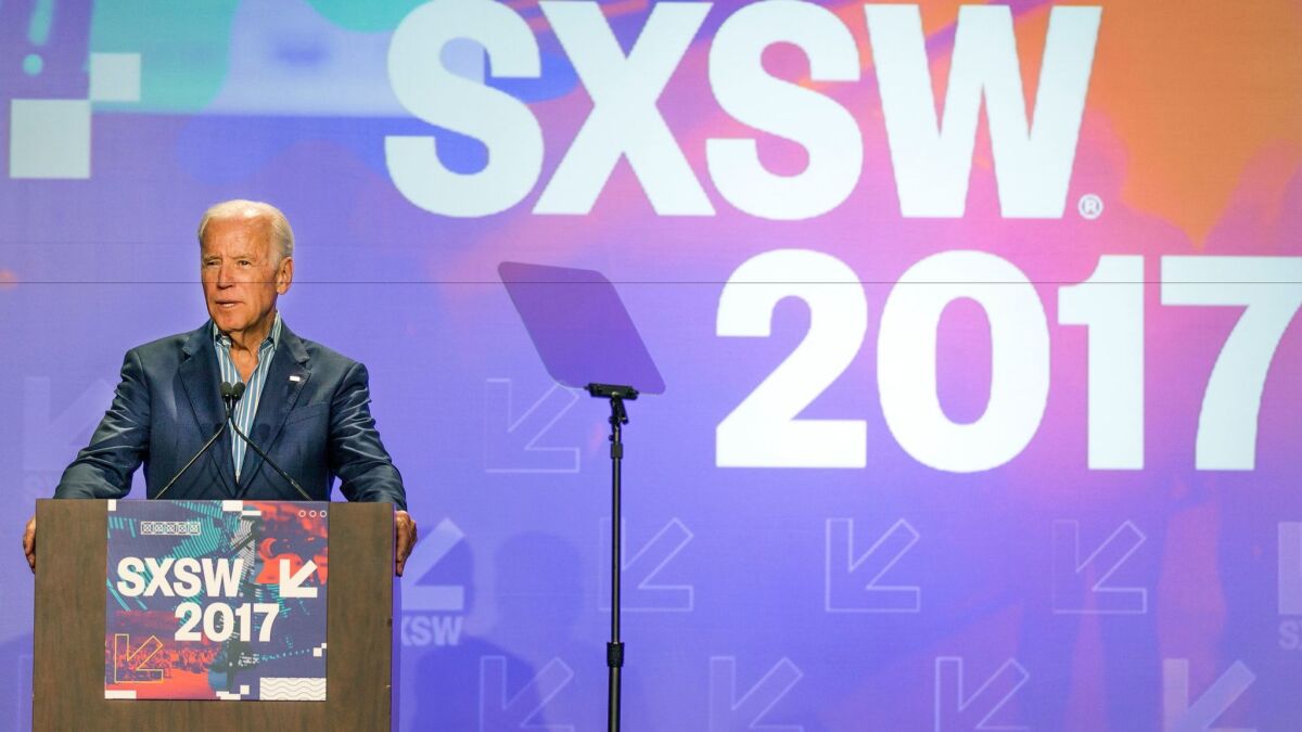 Former Vice President Joe Biden outlines his plan for cancer initiative during a panel at South by Southwest in Austin, Texas.