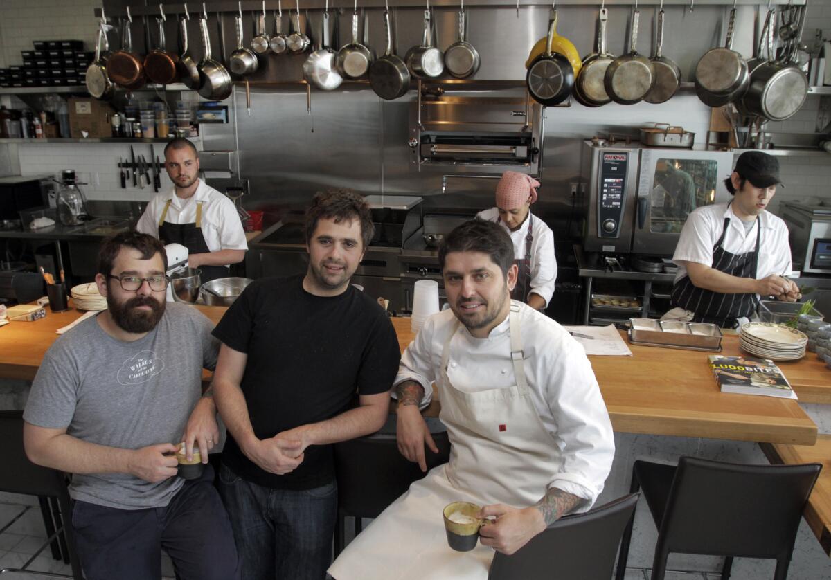 Jon Shook, Vinny Dotolo and Ludo Lefebvre, here sitting at their restaurant Trois Mec, are opening a brunch place in Silver Lake.