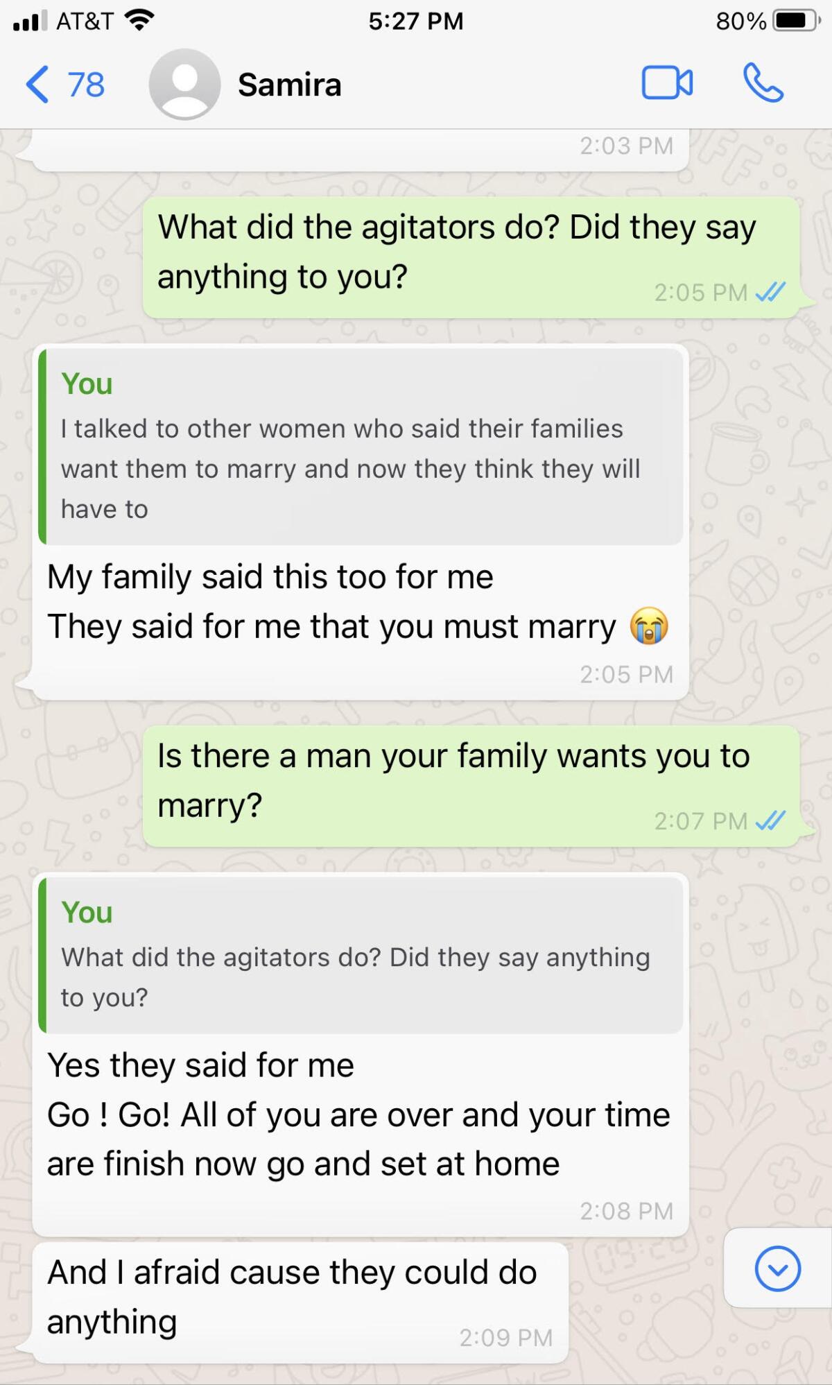 A screenshot of text messages on WhatsApp