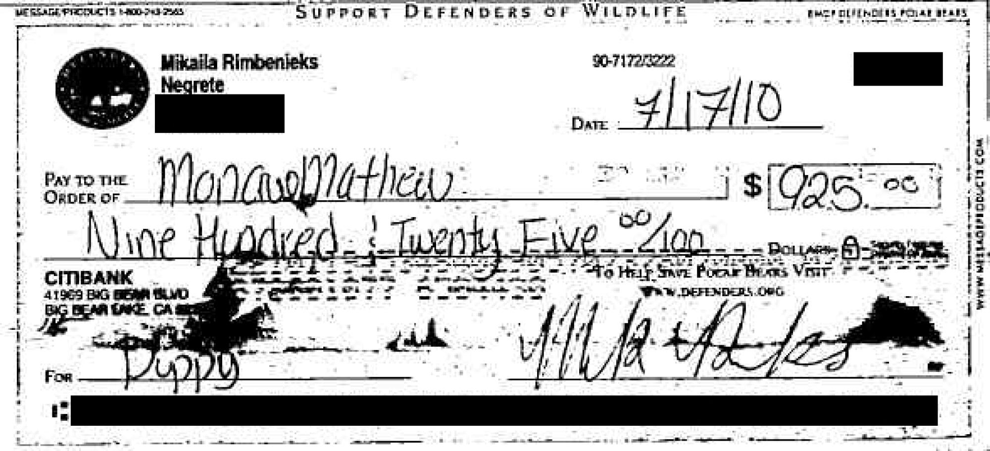 A redacted copy of an altered check for $925 to Monique Mathew, dated July 17, 2010