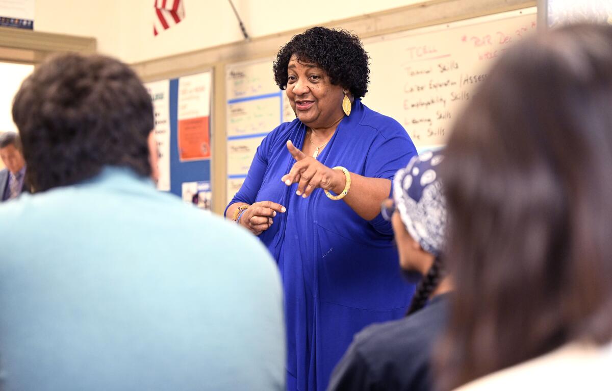 California Secretary of State Shirley Weber Ph.D. speaks to students at Chaffey High School in Ontario 