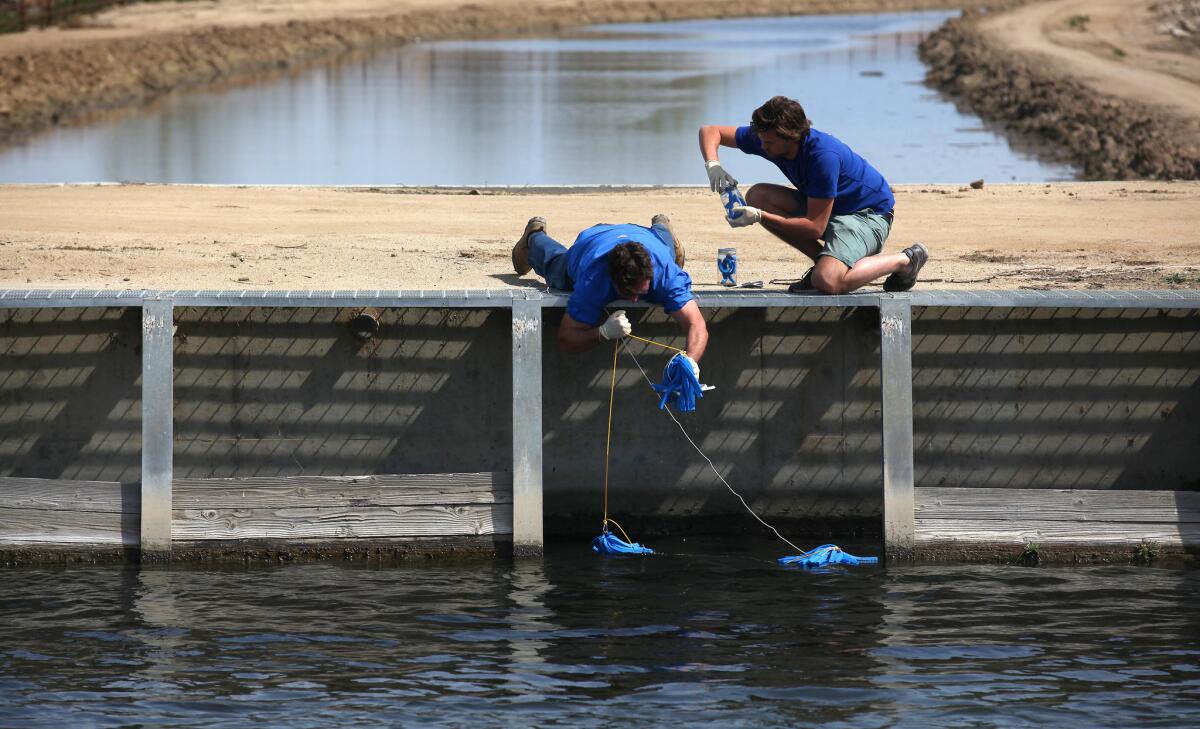 Water samples are taken for testing from a canal in the Cawelo Water District near Bakersfield in 2015. A researcher who has suggested that exposure to toxic chemicals can be good for humans is helping to shape Environmental Protection Agency policies.