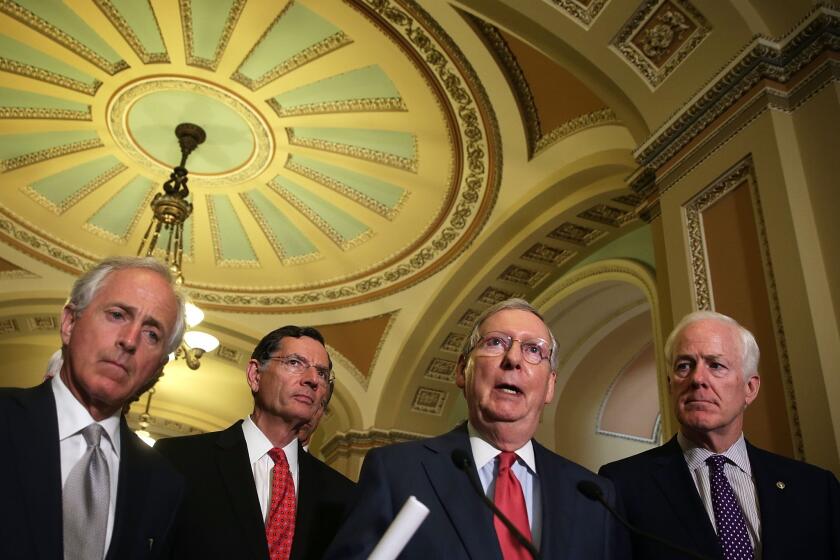 From left to right, Senators Bob Corker, John Barrasso, Mitch McConnell and John Cornyn address the media on Capitol Hill on July 14. The four Republicans spoke on a variety of topics, including the Iran talks deal.