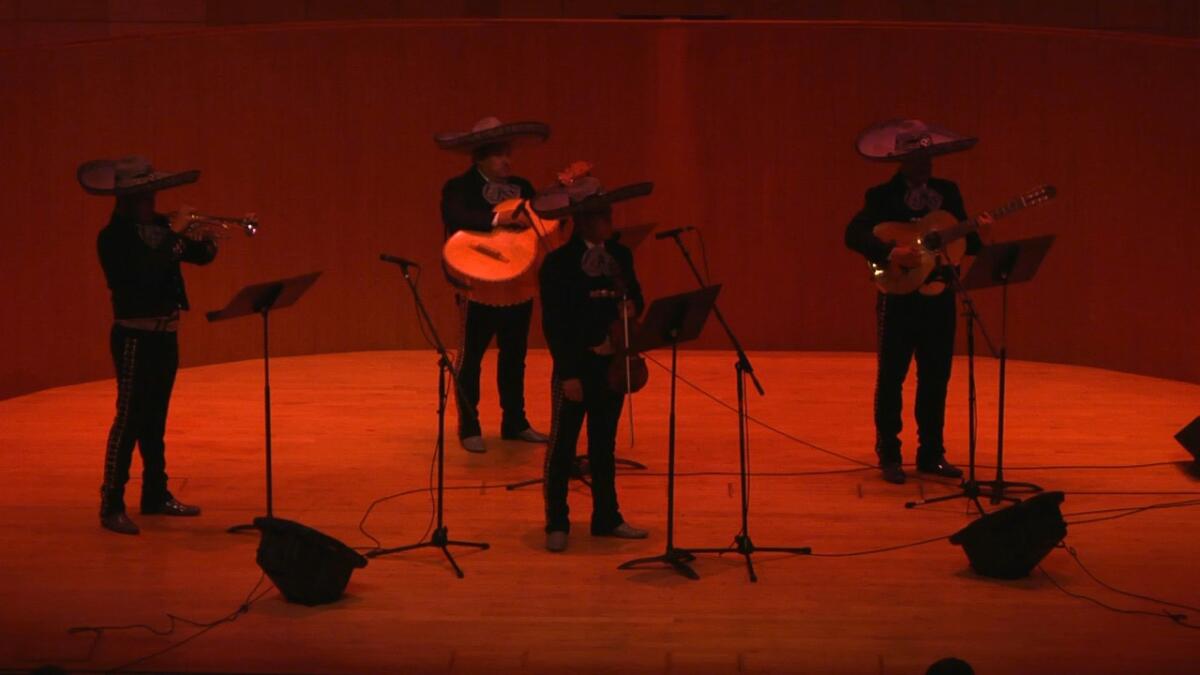 The silhouettes of four mariachi musicians are seen on a stage bathed in red light. 
