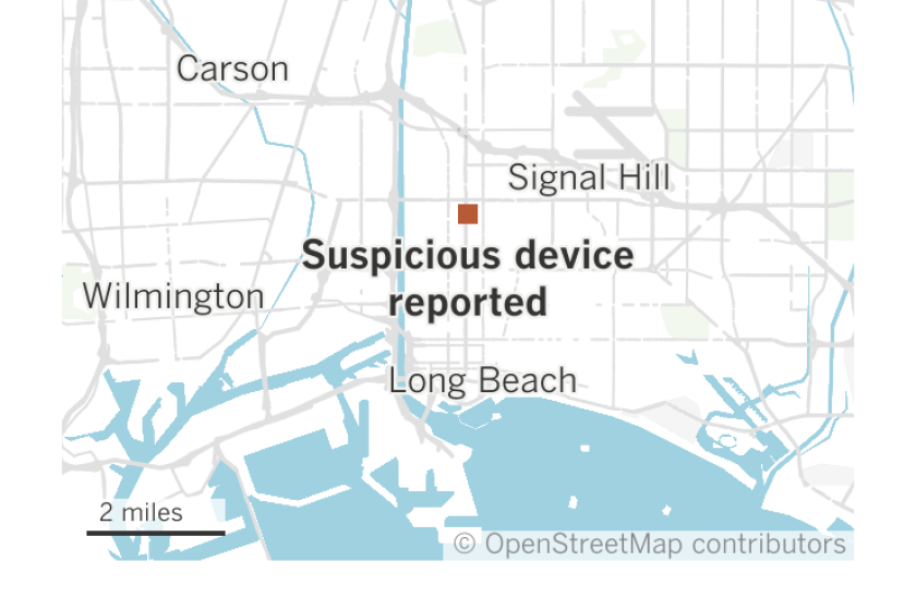 A map shows the location where a suspicious device was reported in Long Beach