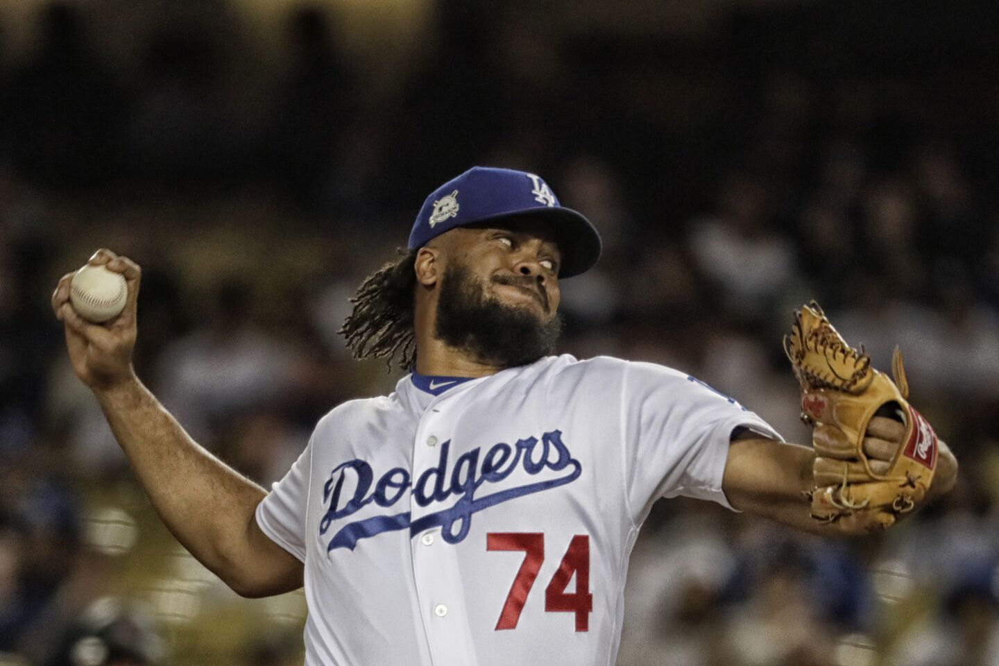 Closer Kenley Jansen delivers a pitch in the ninth inning of the Dodgers' 9-5 victory over the Diamondbacks in Game 1 of the National League division series.