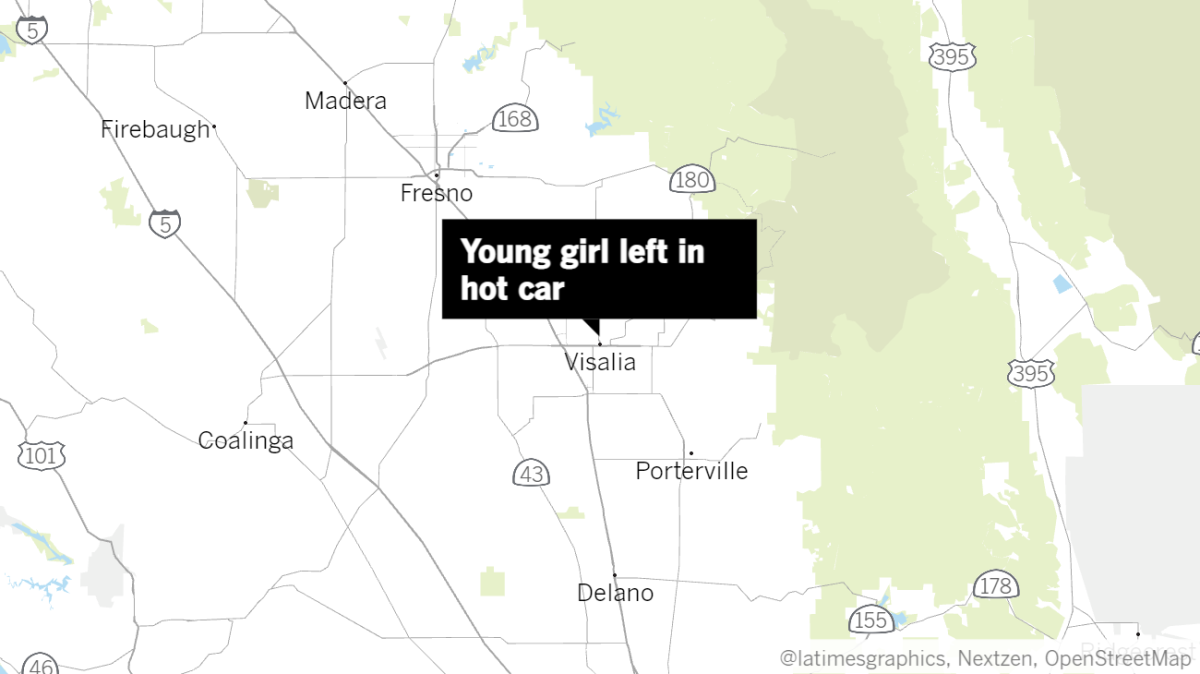 Map of the California Central Valley with a label pointing to Visalia, where a 3-year-old girl was left in a hot car
