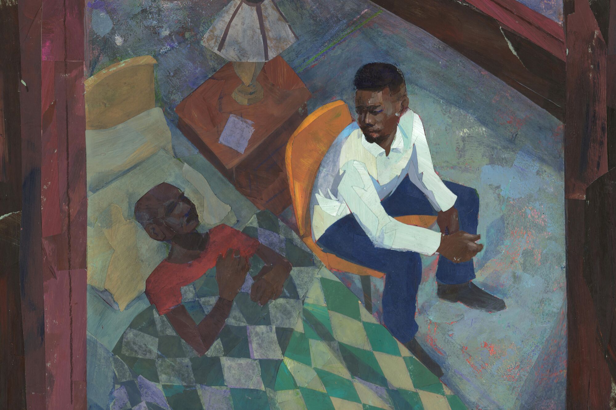 Illustration of a man sitting next to another person lying in bed. View is from outside a window.