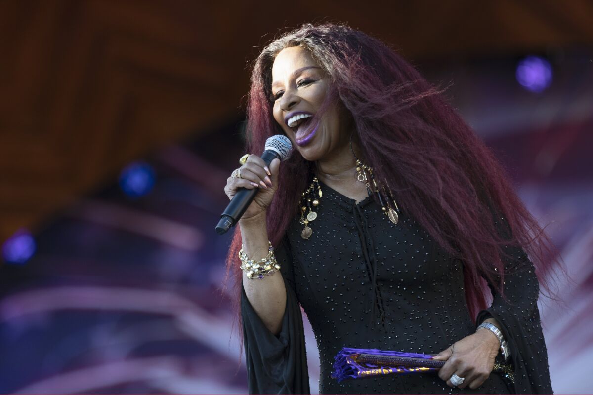 FILE - Chaka Khan performs during rehearsals for the annual Fourth of July Boston Pops Fireworks Spectacular in Boston on July 3, 2022. Khan is one of many female performers featured in the four-part docuseries “Women Who Rock” starting Saturday on Epix. (AP Photo/Michael Dwyer, File)