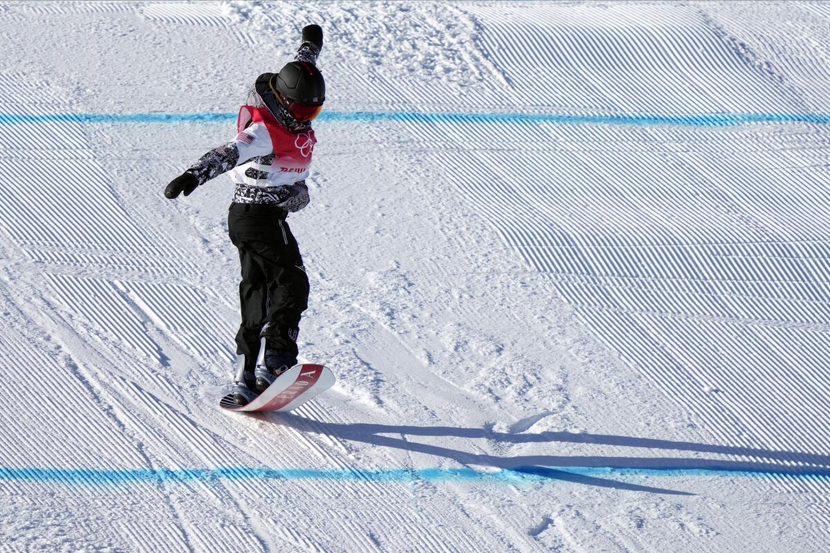 U.S. snowboarder Julia Marino competes in the women's slopestyle finals at the Beijing Olympics on Sunday.