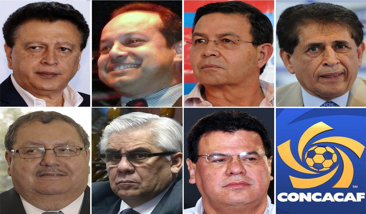 This combination of file photos shows CONCACAF region officials implicated in the bribery and corruption scandal engulfing FIFA. Left to right from top row are Alfredo Hawit, Ariel Alvarado, Rafael Callejas, Brayan Jiménez, Rafael Salguero, Héctor Trujillo and Reynaldo Vazquez.