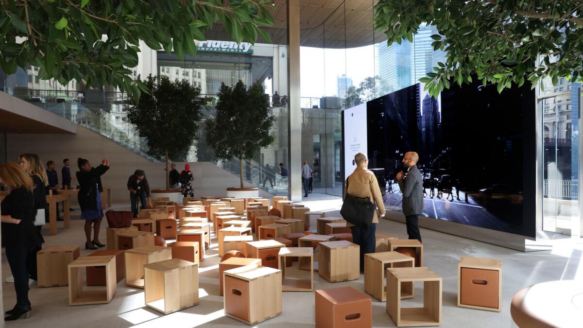 The lower floor of the Apple "town square" store in Chicago, which has a large, state-of-the-art screen for teaching, lots of light, open spaces and indoor trees.