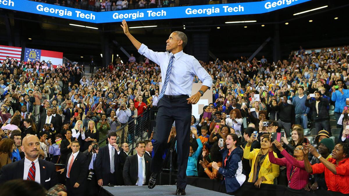 President Obama receives a standing ovation as he takes the stage to discuss college affordability and access to quality higher education at Georgia Tech on Tuesday, March 10, 2015, in Atlanta. (Curtis Compton/Atlanta Journal-Constitution/TNS) ** OUTS - ELSENT, FPG, TCN - OUTS **