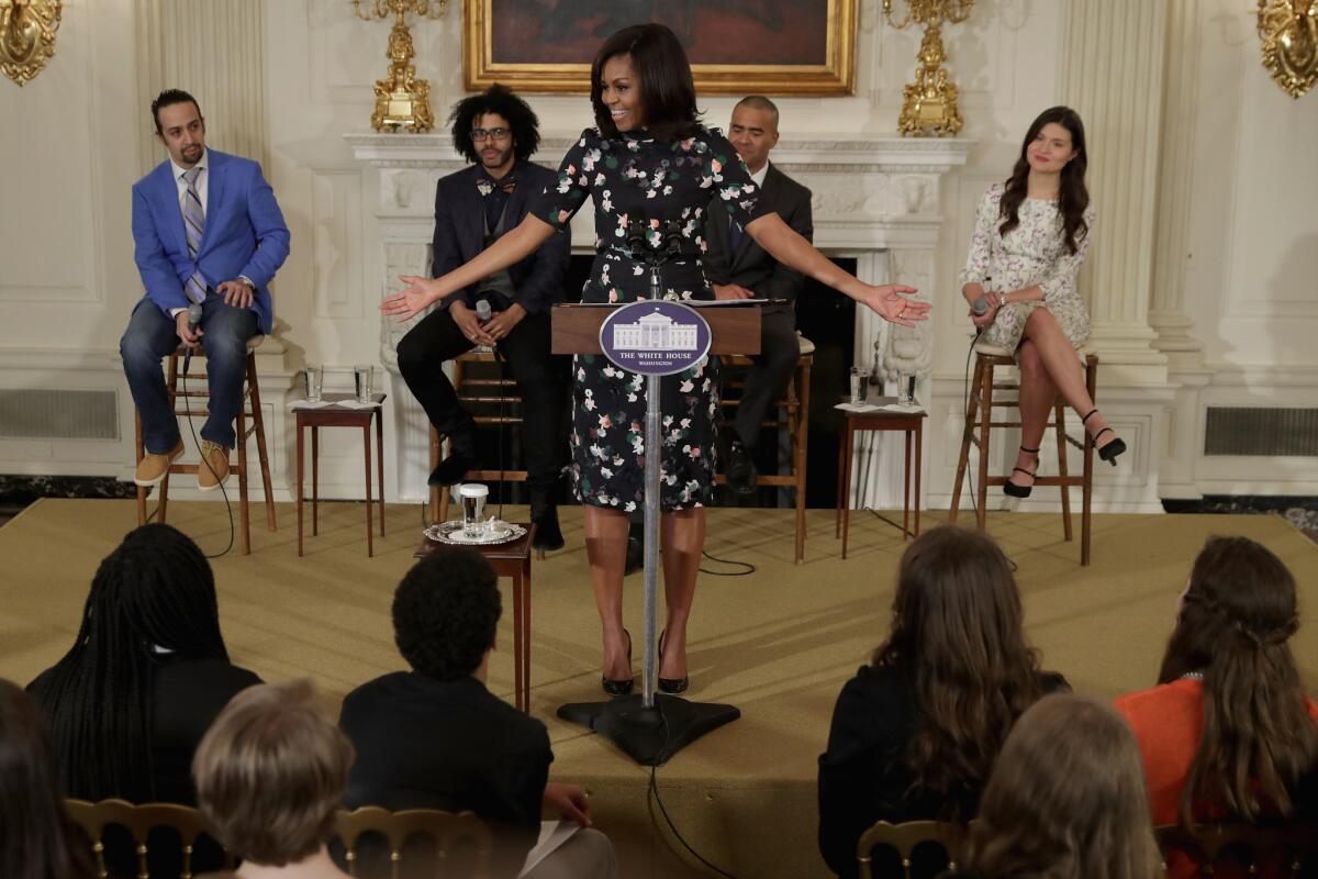 First Lady Michelle Obama welcomes the Broadway cast of "Hamilton," including, from left, Lin-Manuel Miranda, Daveed Diggs, Christopher Jackson and Phillipa Soo.