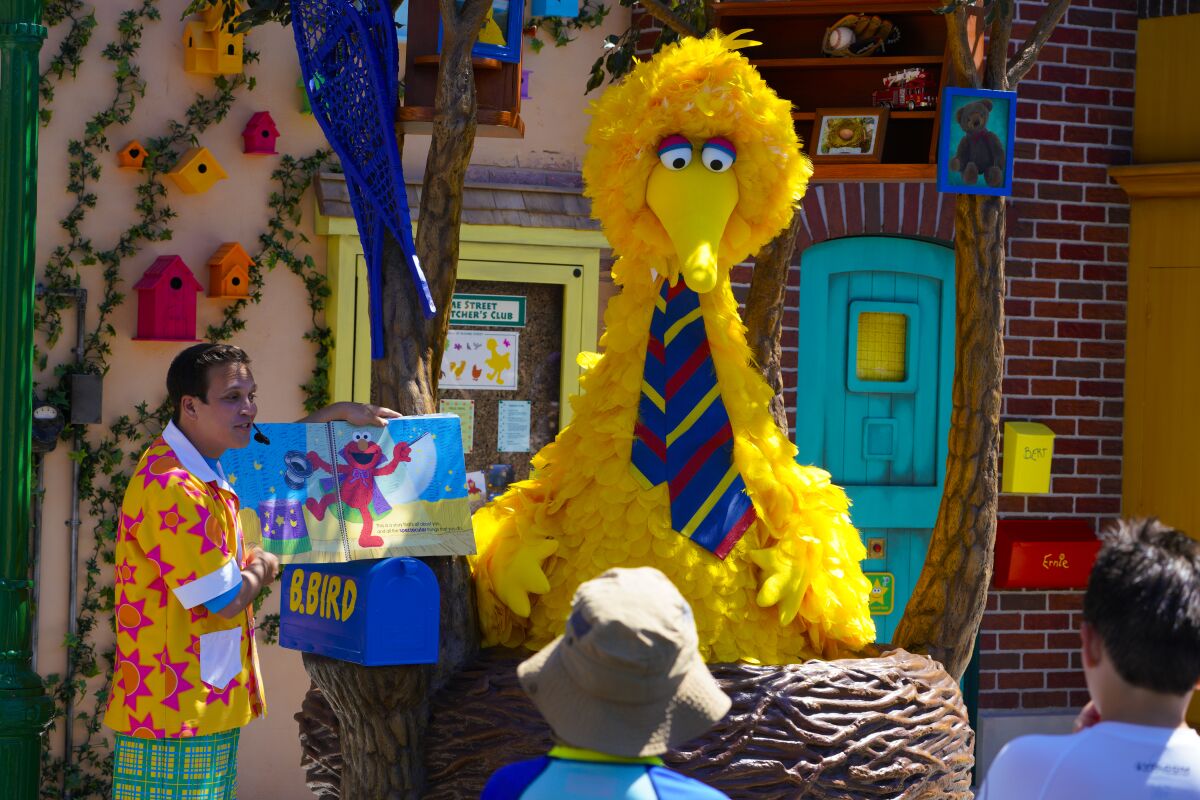 Big Bird sits in a nest and reads a story to the audience.