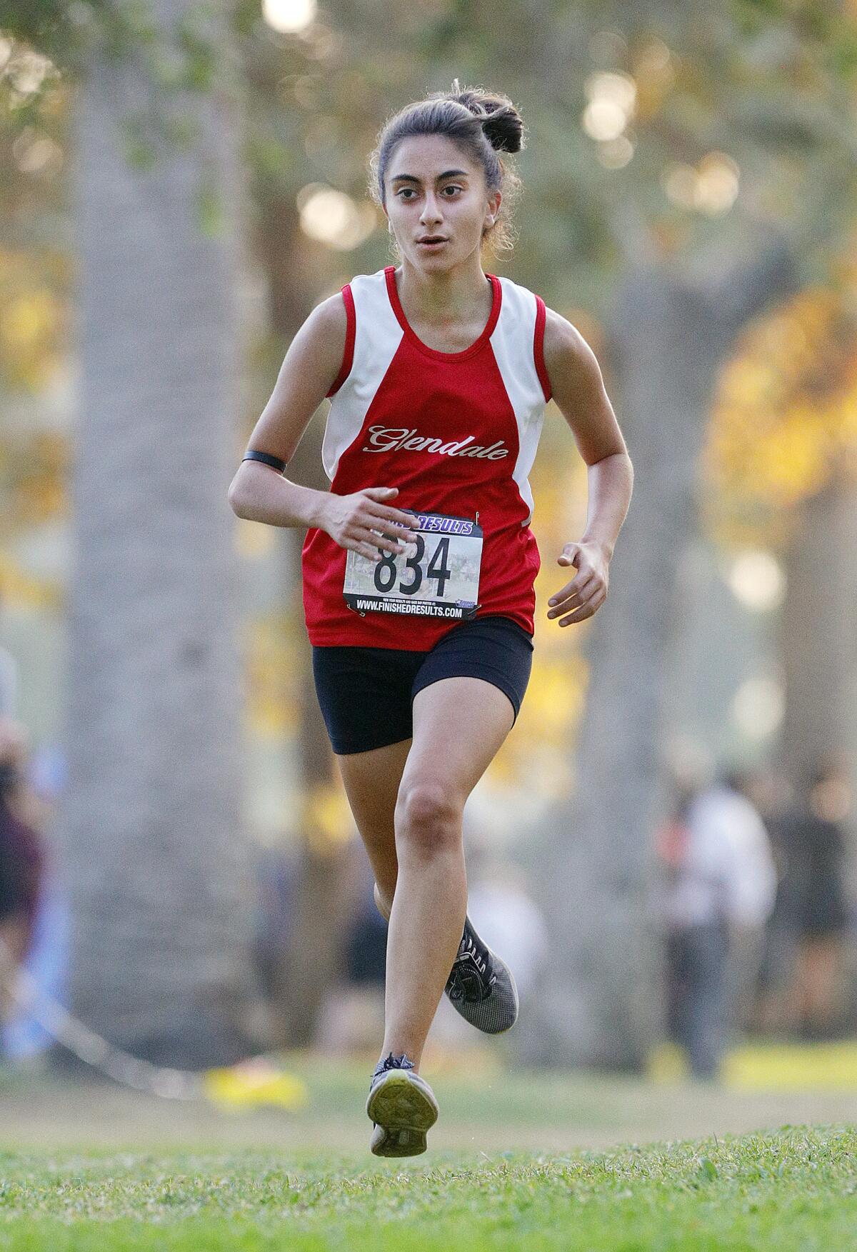 Glendale's Lilit Arakelyan comes to the finish in thirty-third place in a Pacific League cross country meet at Arcadia Park in Arcadia on Thursday, November 7, 2019. This is the final league meet of the season.