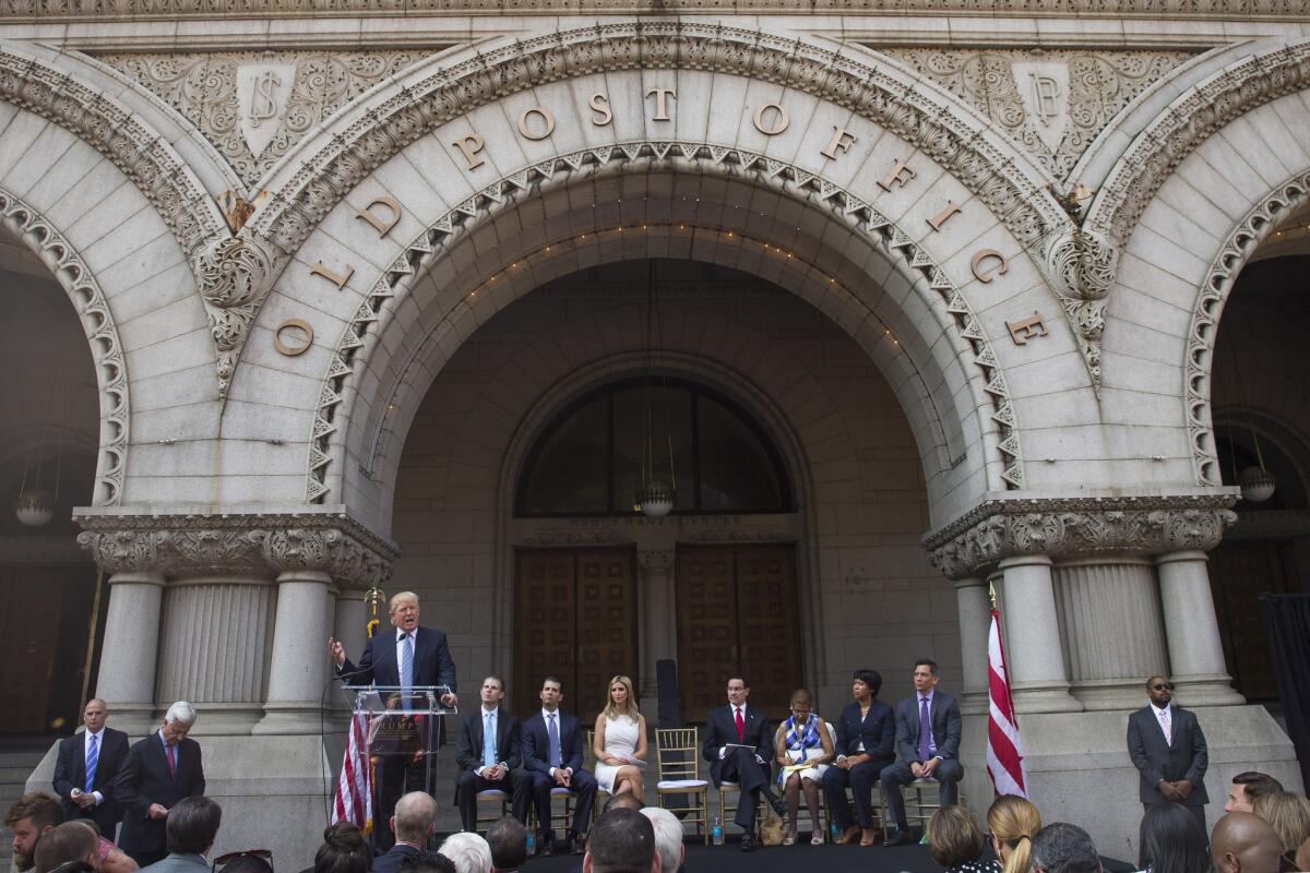 Donald Trump delivers remarks during a ceremony for a Trump International Hotel on the site of the Old Post Office in Washington, D.C.