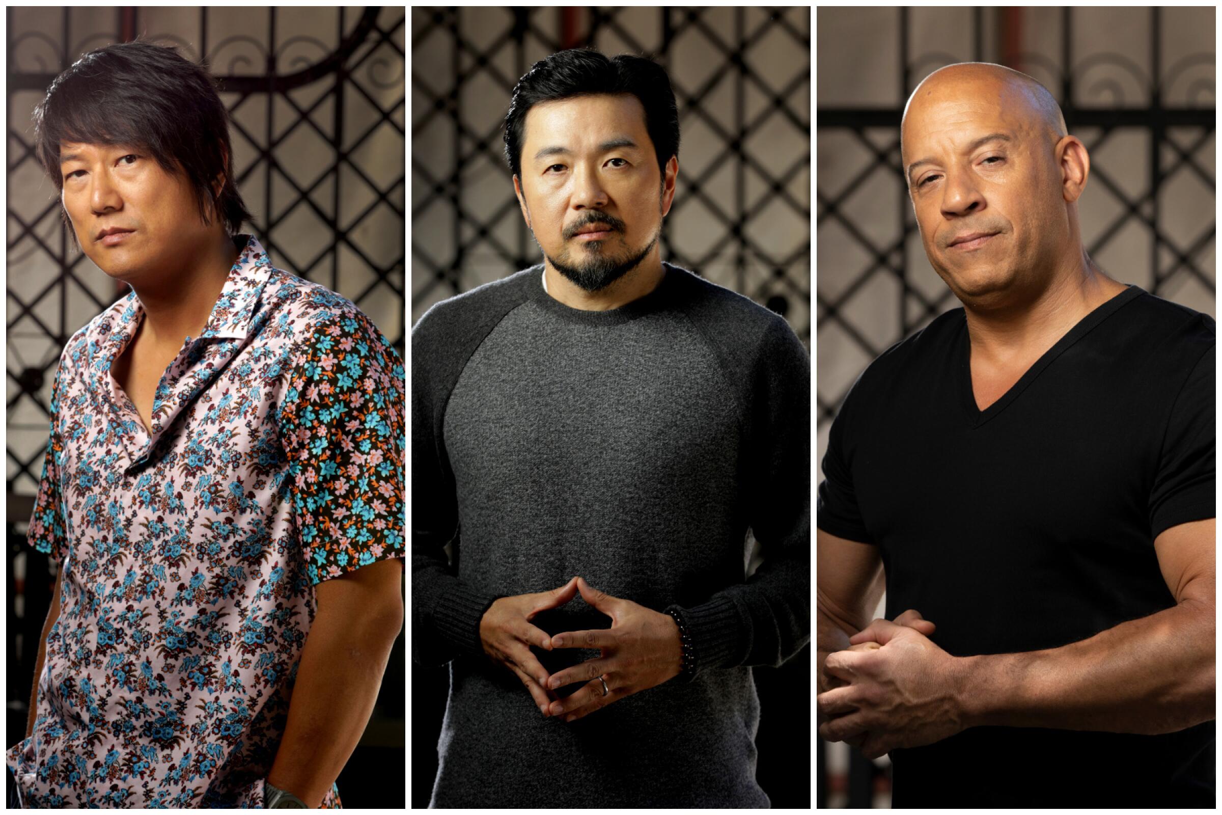 "Fast' family reunited in "F9," from left: Sung Kang (Han), director Justin Lin and Vin Diesel (Dominic Toretto).