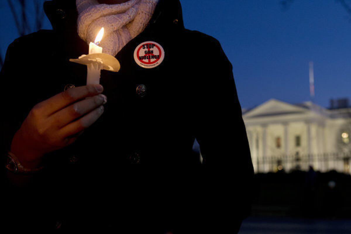 Lindsay Merikas, 26, of Alexandria, Va., wears a button saying "Stop Gun Violence" as she gathered with other supporters of gun control in front of the White House.