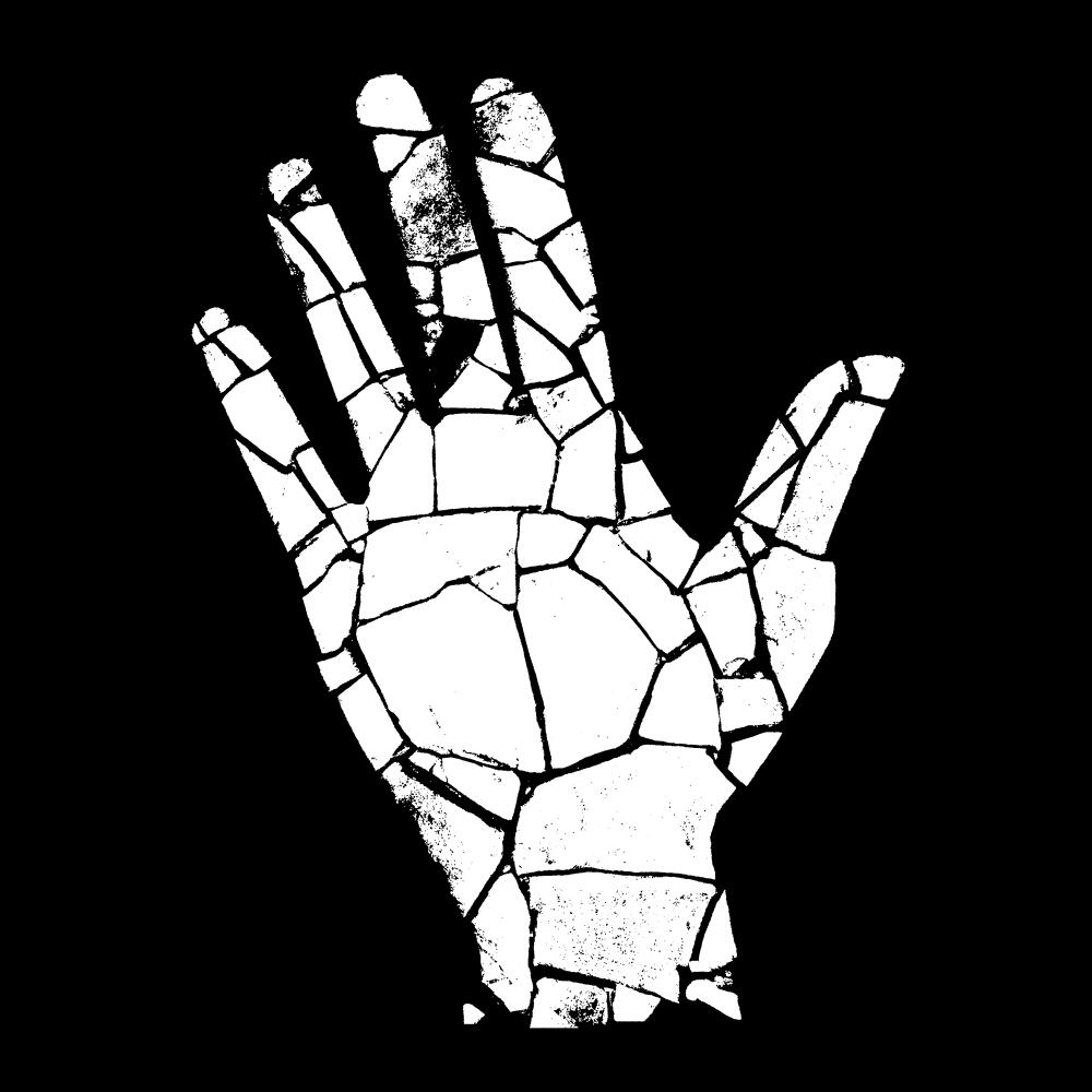 illustration of a hand on a black background with broken rubble texture