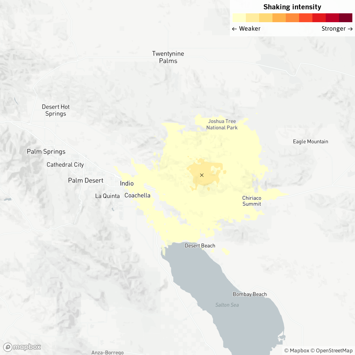 A map shows the location of a 3.6 earthquake near Coachella, Calif.