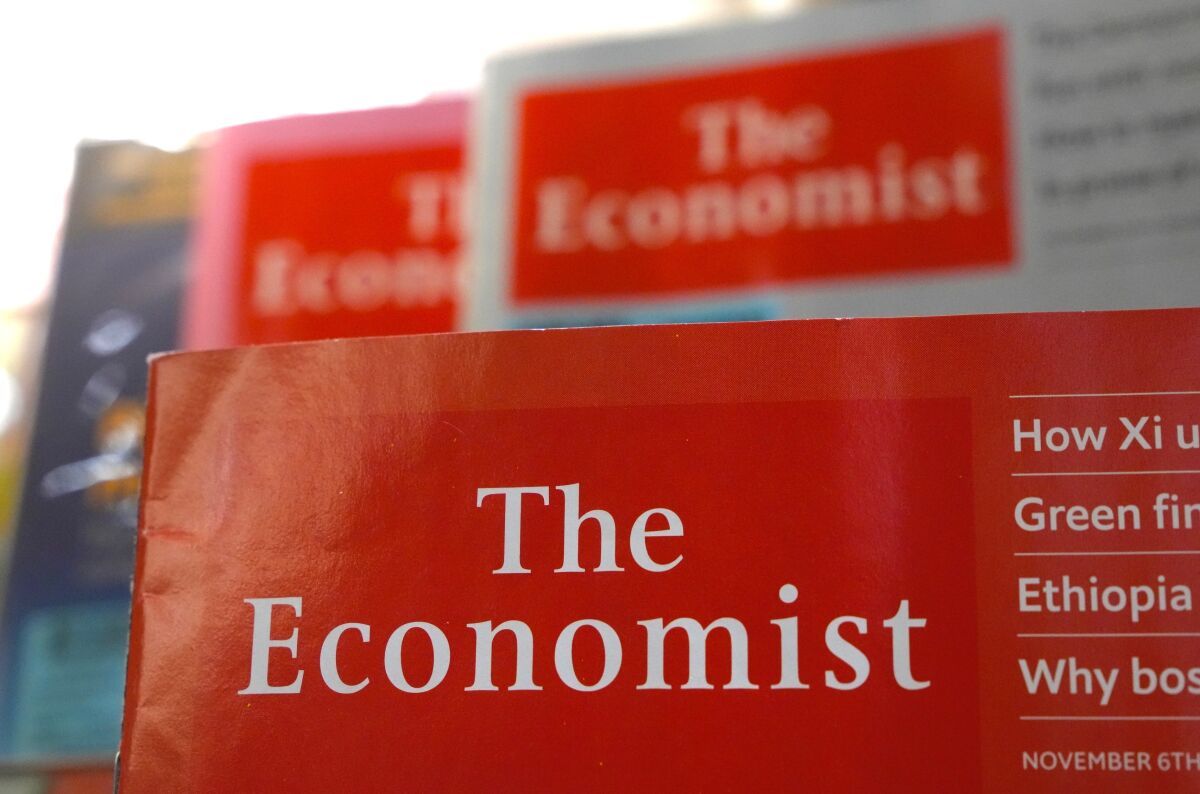 The Economist magazines are displayed at a book store in Hong Kong, Saturday, Nov. 13, 2021. Hong Kong authorities declined to renew a visa for a foreign journalist working for The Economist without any explanation, the magazine said in a statement on Friday. Sue-Lin Wong, who is Australian, was based in Hong Kong for the magazine and covered China and Hong Kong. (AP Photo/Kin Cheung)