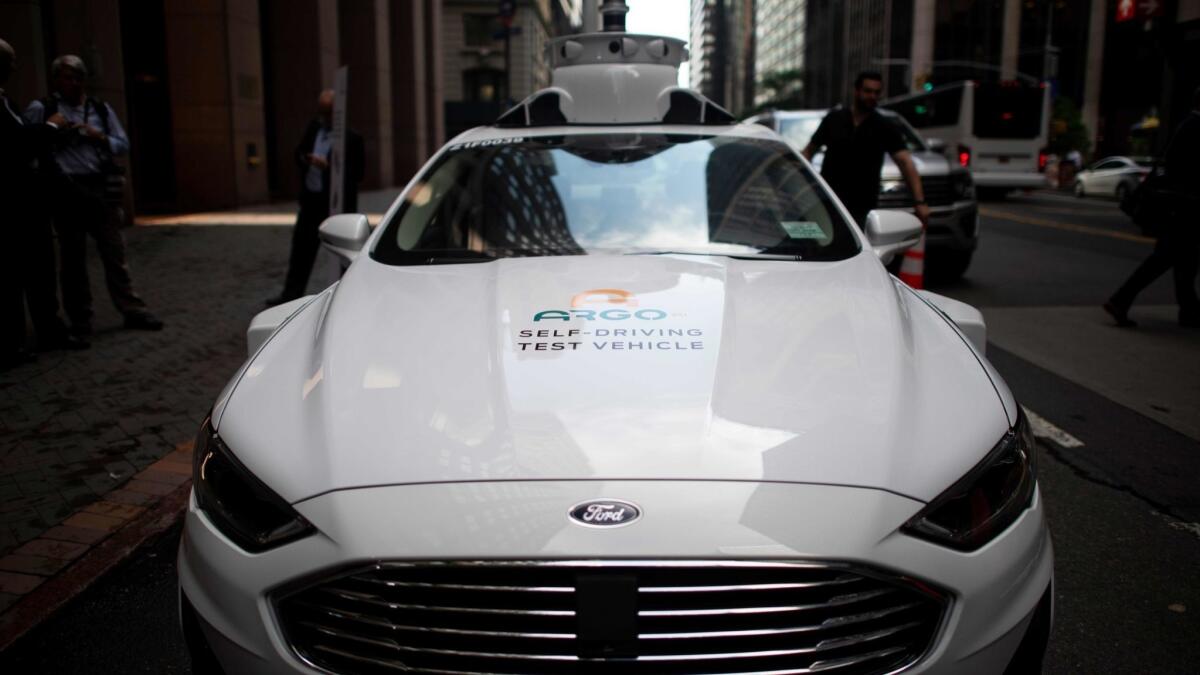 A self-driving test vehicle from the Pittsburgh start-up Argo AI. Volkswagen said it will invest $2.6 billion in the company as part of an autonomous vehicle partnership with Ford.