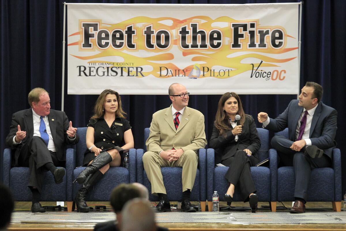 Karina Onofre, second from left, wants a "blue ribbon committee" to move the Los Angeles Clippers to Orange County, possibly at the Great Park. She is running for the 74th Assembly District against, from right, Emanuel Patrascu, Anila Ali, Matthew Harper and Keith Curry, seen here during the Feet to the Fire Forum in Costa Mesa.