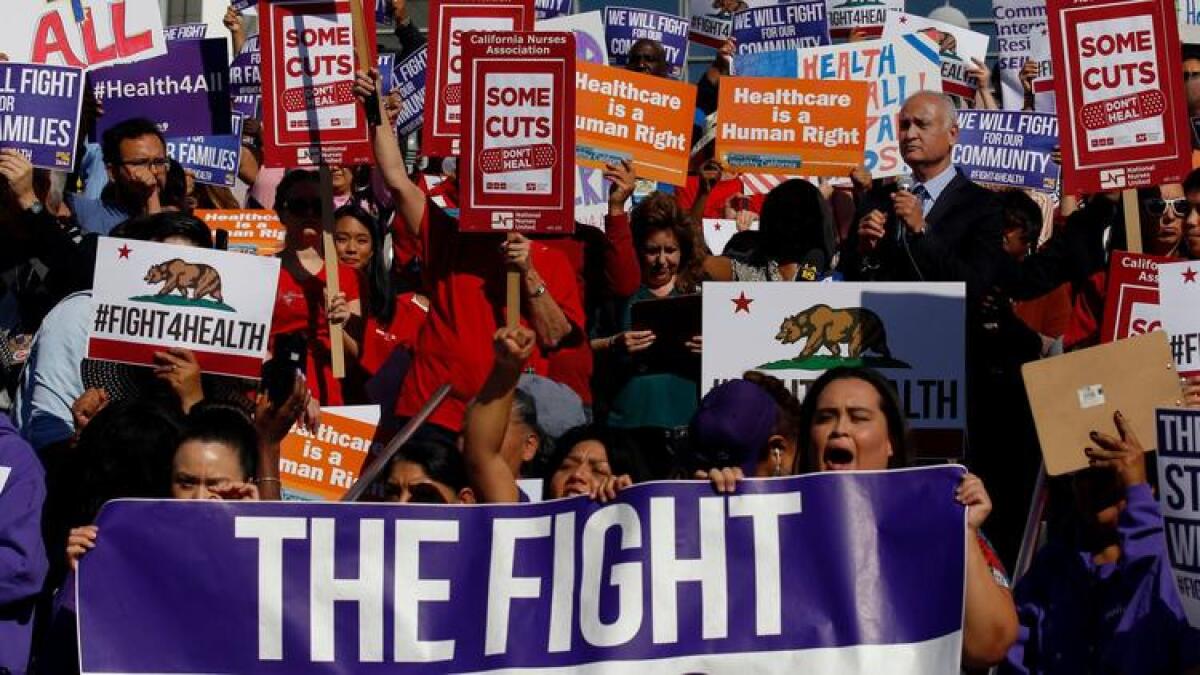 State Sen. Ed Hernandez speaks at a rally at Los Angeles County + USC Medical Center.