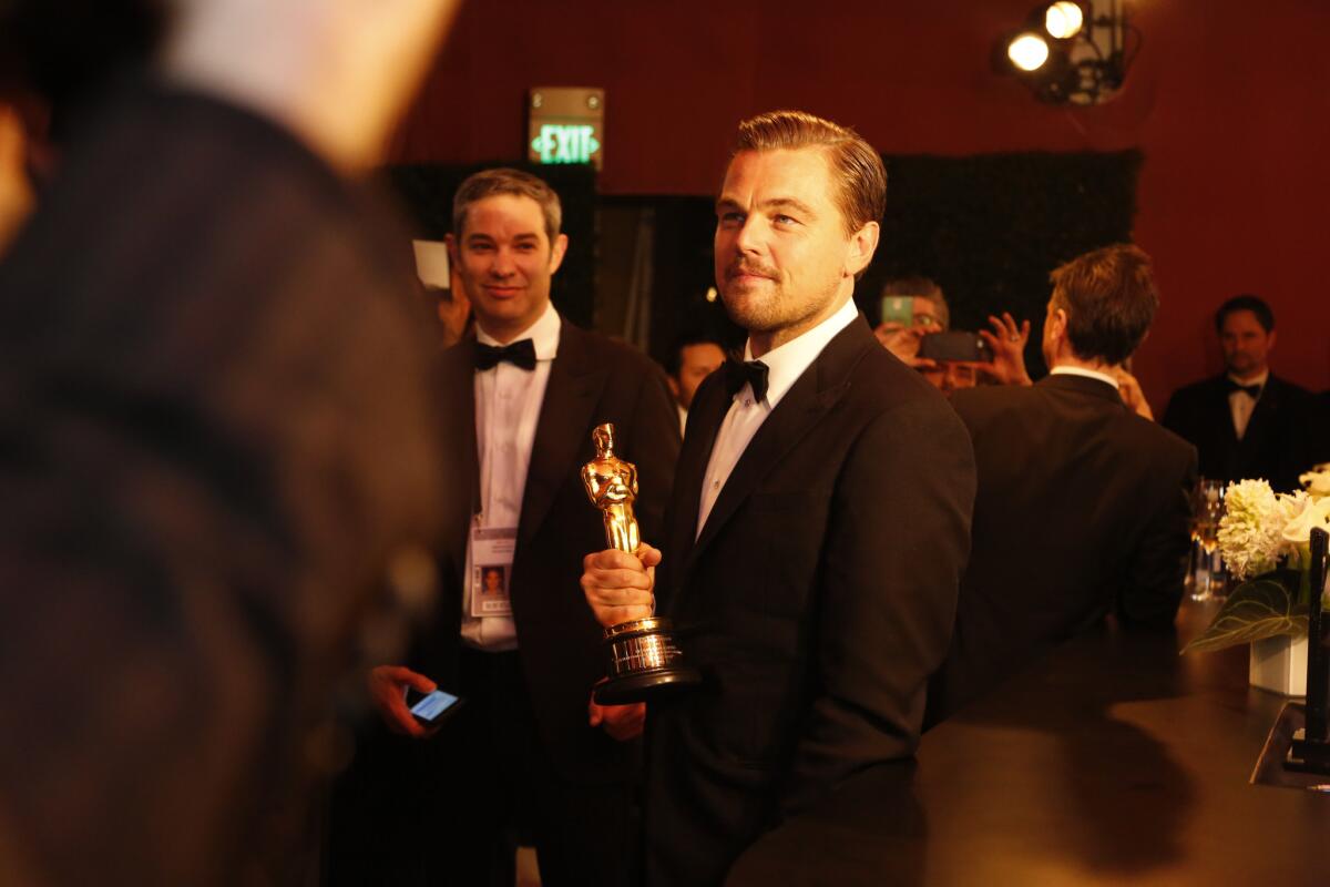 Leonardo DiCaprio at the engraving station at the 88th Academy Awards Governors Ball on Sunday in Hollywood.