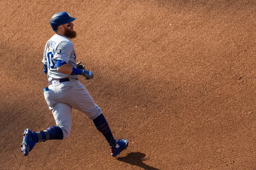 WASHINGTON, DC - JULY 27: Justin Turner #10 of the Los Angeles Dodgers runs the bases during the game between the Los Angeles Dodgers and the Washington Nationals at Nationals Park on Saturday, July 27, 2019 in Washington, District of Columbia. (Photo by Rob Tringali/MLB Photos via Getty Images)