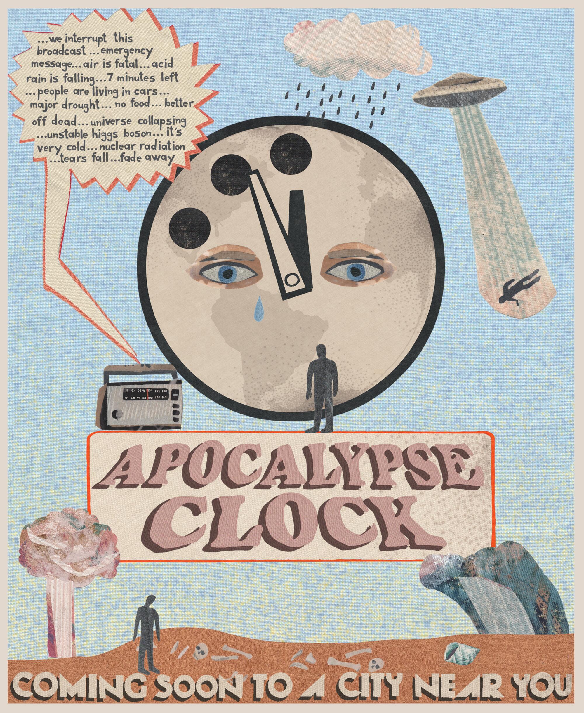 An advertising for "Apocalypse Clock," featuring a large clock and UFO.