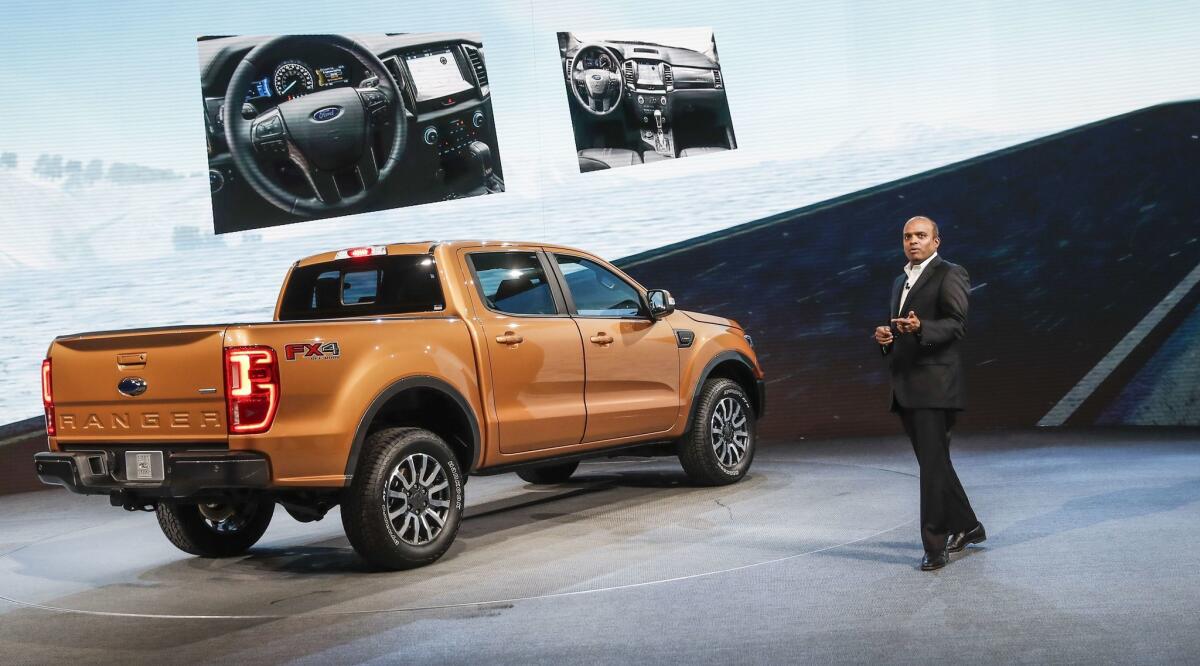 Raj Nair, president of Ford North America, introduces the 2019 Ford Ranger pickup truck at the 2018 North American International Auto Show in Detroit.