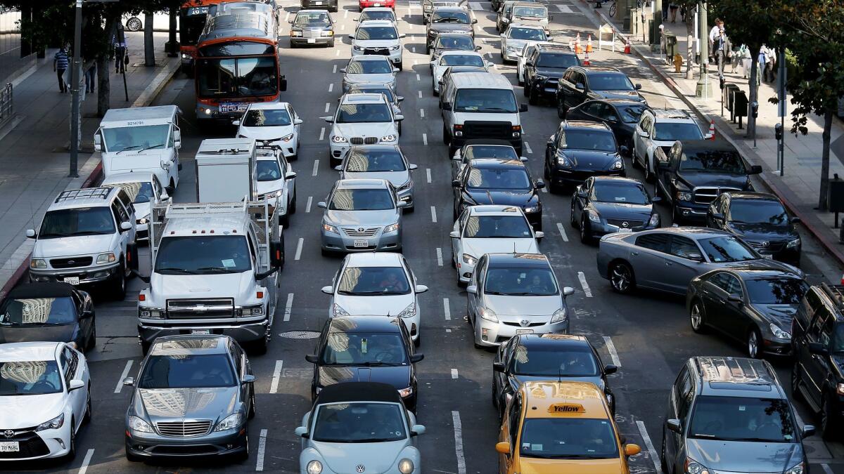 Traffic backs up along 5th Streeet in downtown Los Angeles.