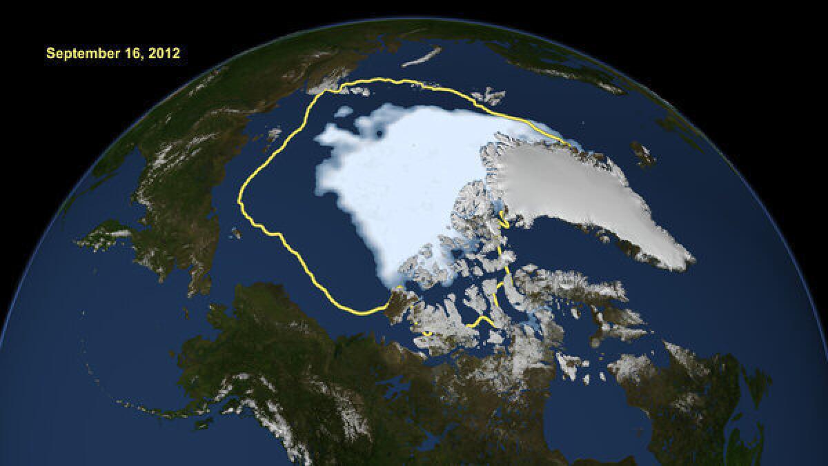 The rapid melting of the Arctic sea ice is opening up previously unnavigable areas to shipping and drilling. Above: This image made available by NASA shows the amount of summer sea ice in the Arctic on Sept. 16, at center in white, and the 1979 to 2000 average illustrated by the yellow line.